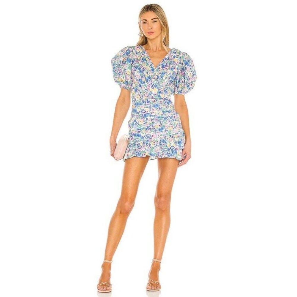 SAU LEE Posey Mini Dress Multi Floral Blue Balloon Sleeve Party 6 NWT $450 - Picture 1 of 10
